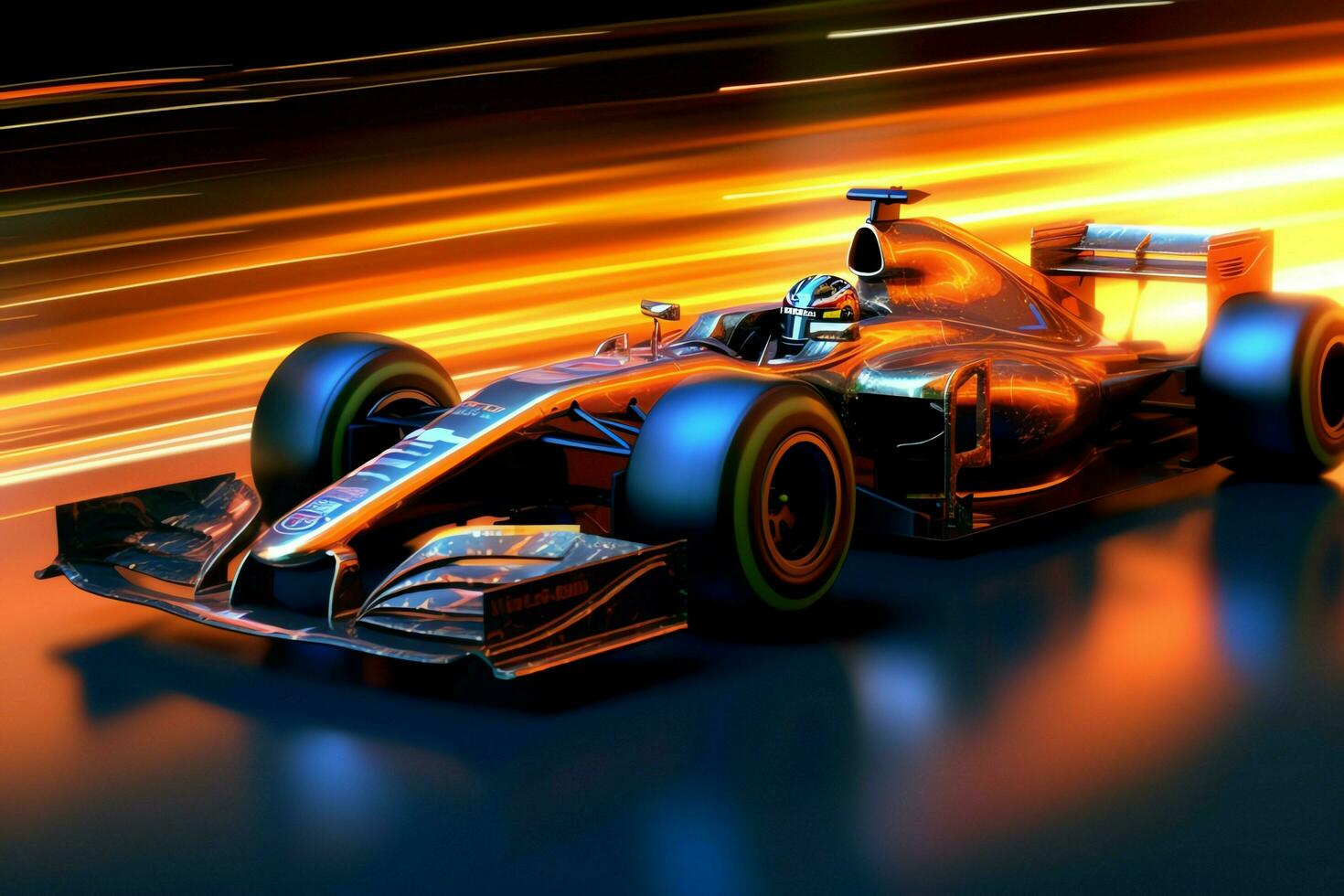 Fast racing car and pilot in formula one champion competitions with speed and flame. Motorsport car concept by AI Generated photo