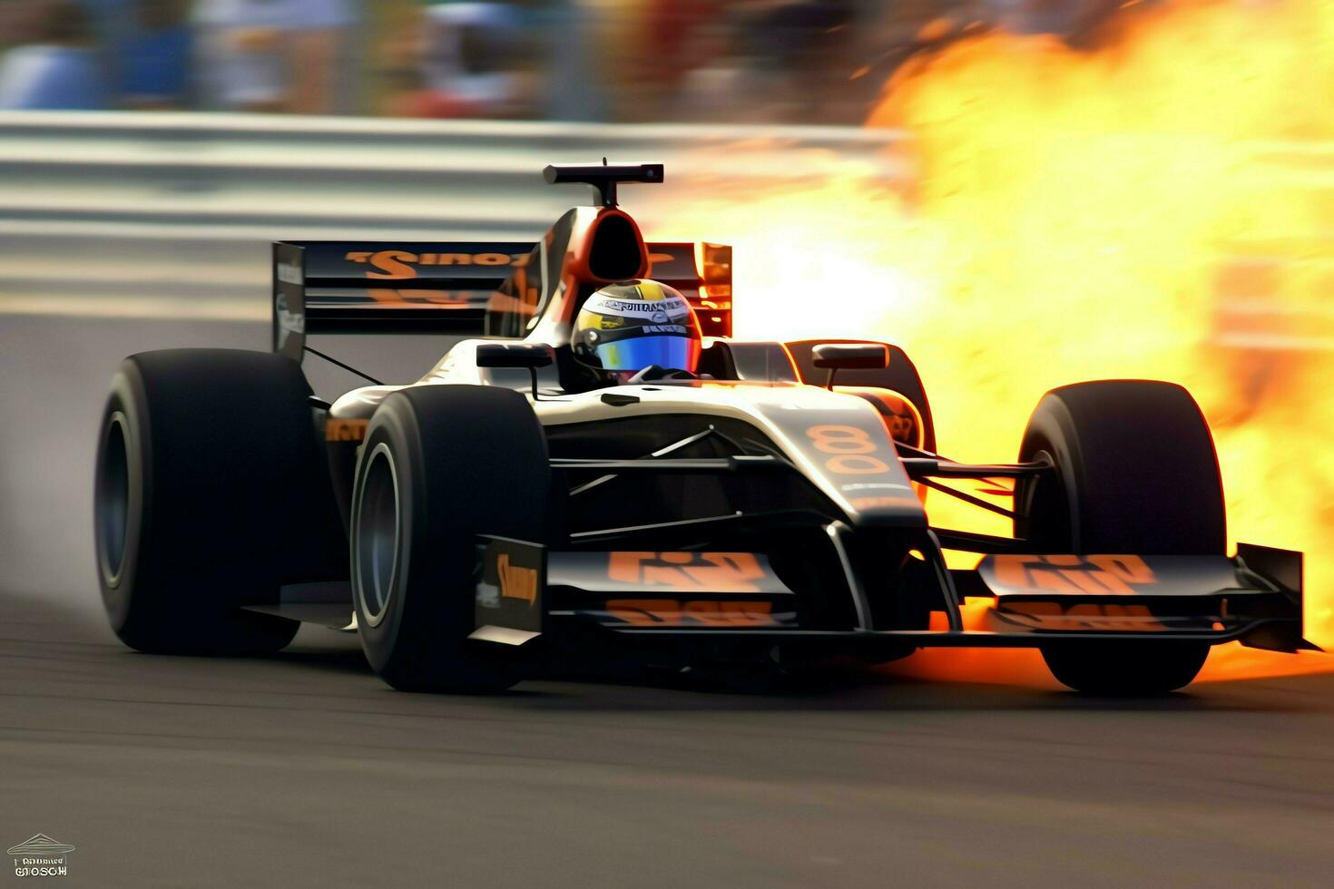 rápido carreras coche y piloto en fórmula uno campeón competiciones con velocidad y fuego. automovilismo coche concepto por ai generado foto