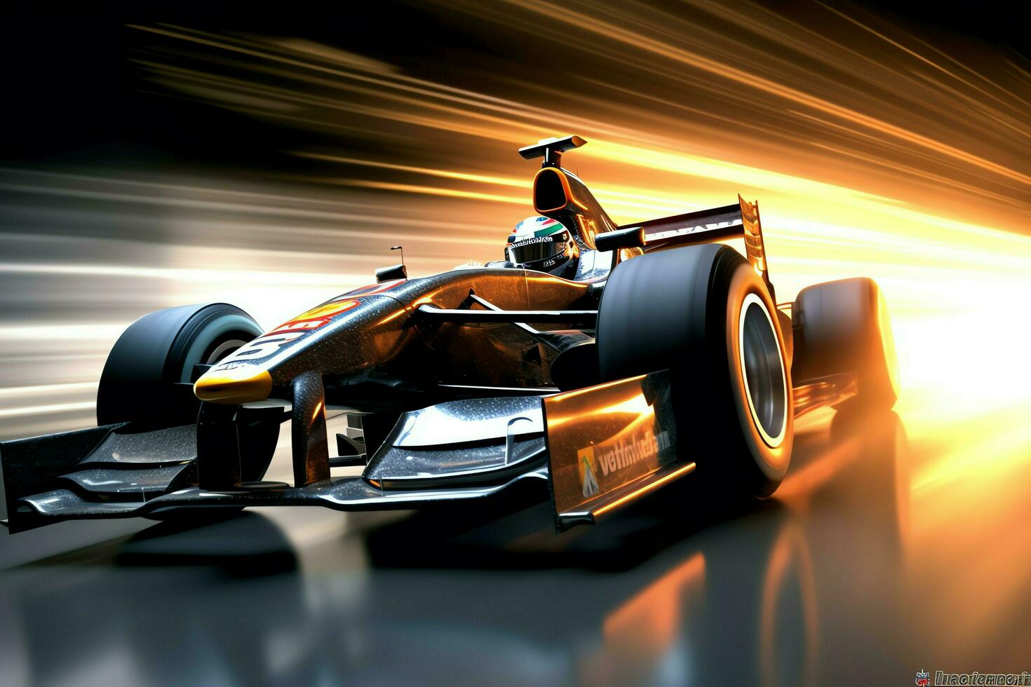 Fast racing car and pilot in formula one champion competitions with speed and flame. Motorsport car concept by AI Generated photo