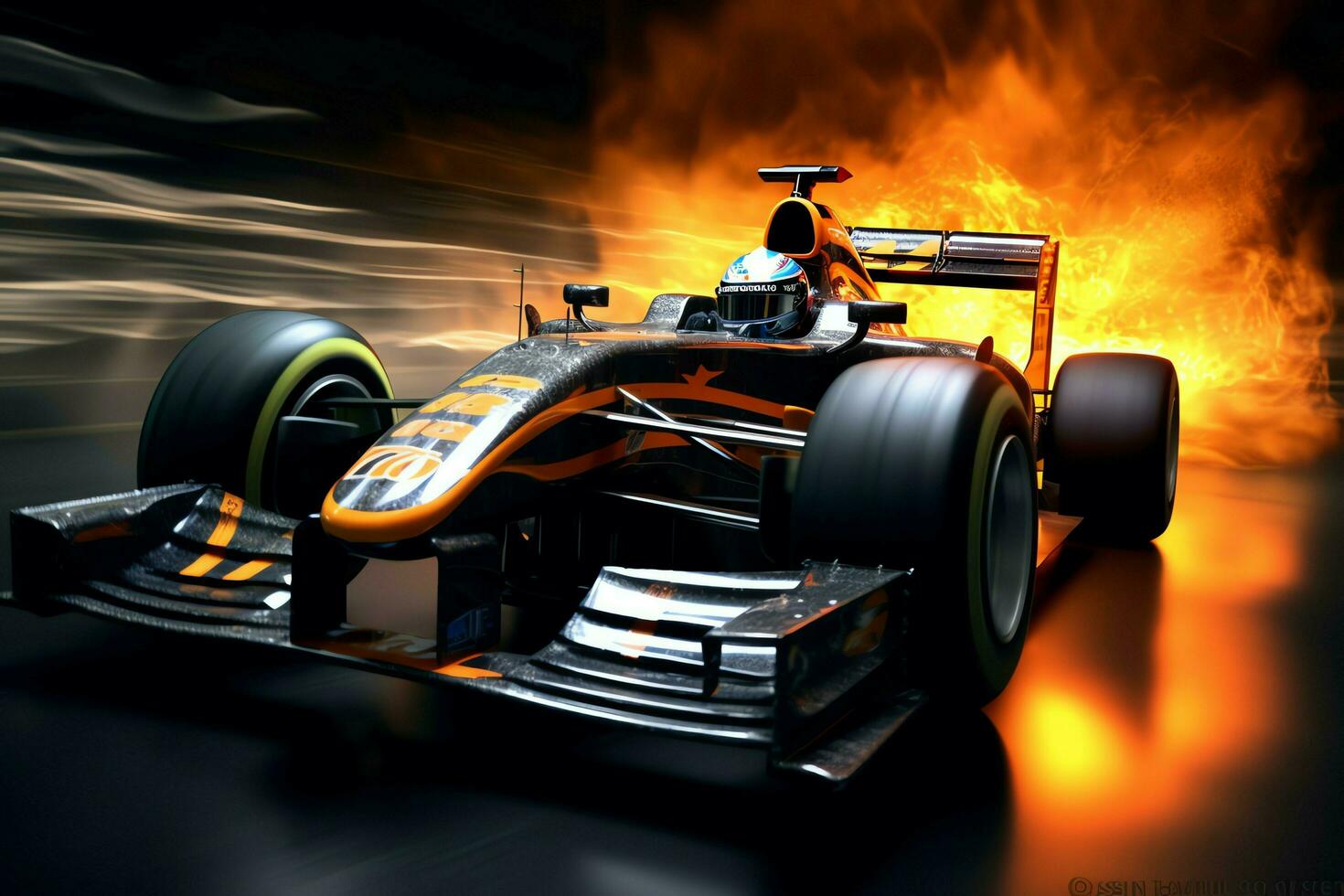 Fast racing car and pilot in formula one champion competitions with speed and flame. Motorsport car concept by AI Generated photo