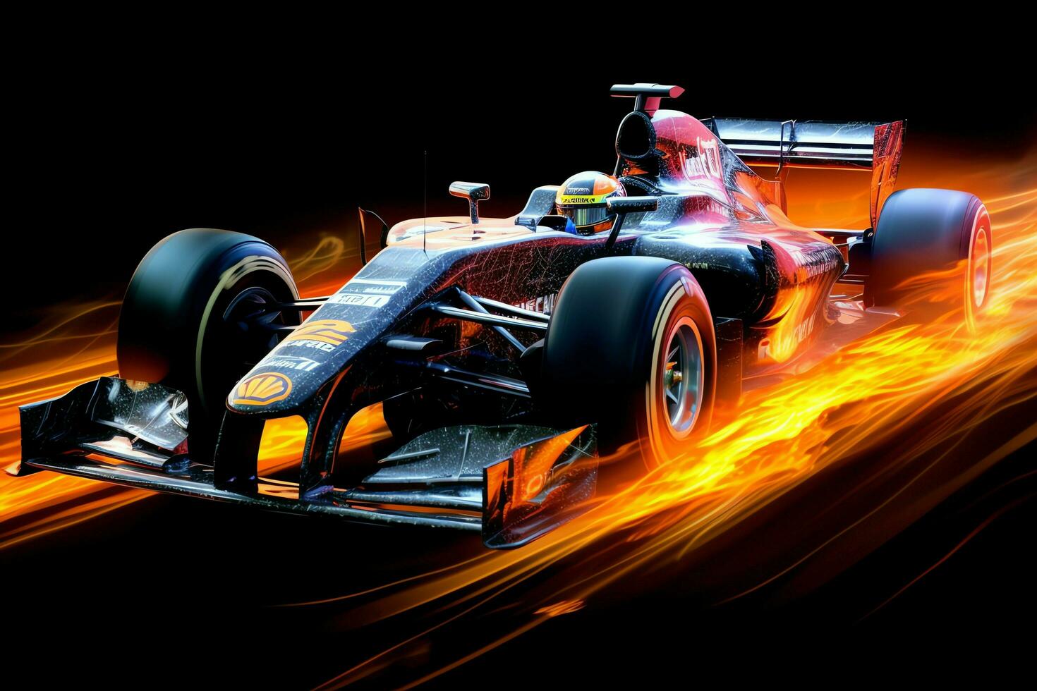 Fast racing car and pilot in formula one champion competitions with speed and flame. Motorsport car concept by AI Generated photo