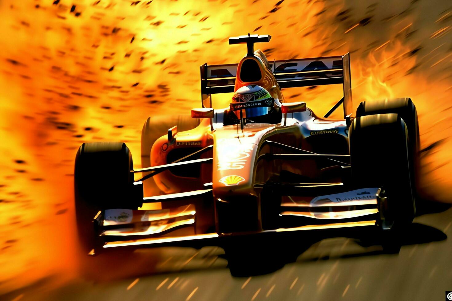 Fast racing car and pilot in formula one champion competitions with speed and flame. Motorsport car concept by AI Generated photo