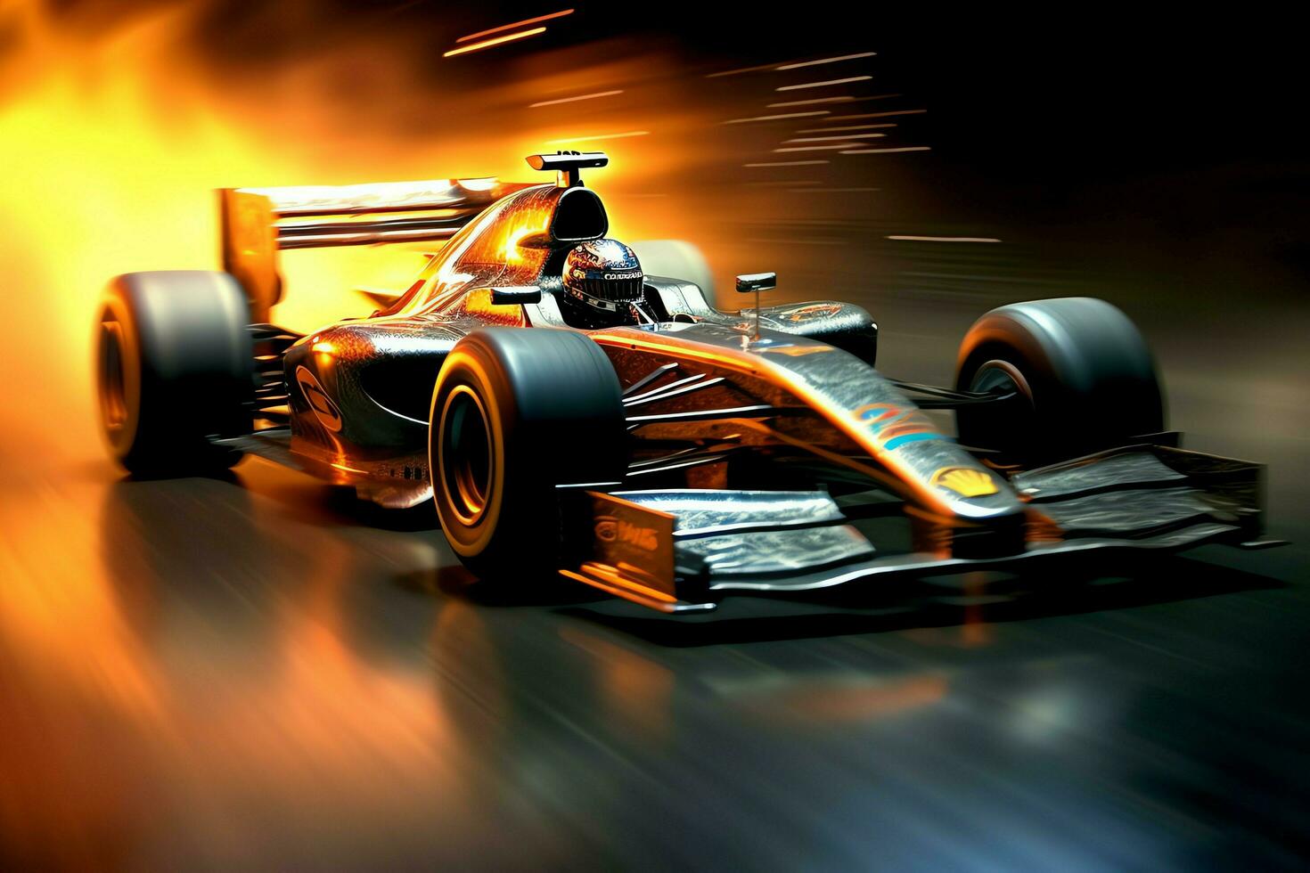 Fast racing car and pilot in formula one champion competitions with speed and flame. Motorsport car concept by AI Generated photo