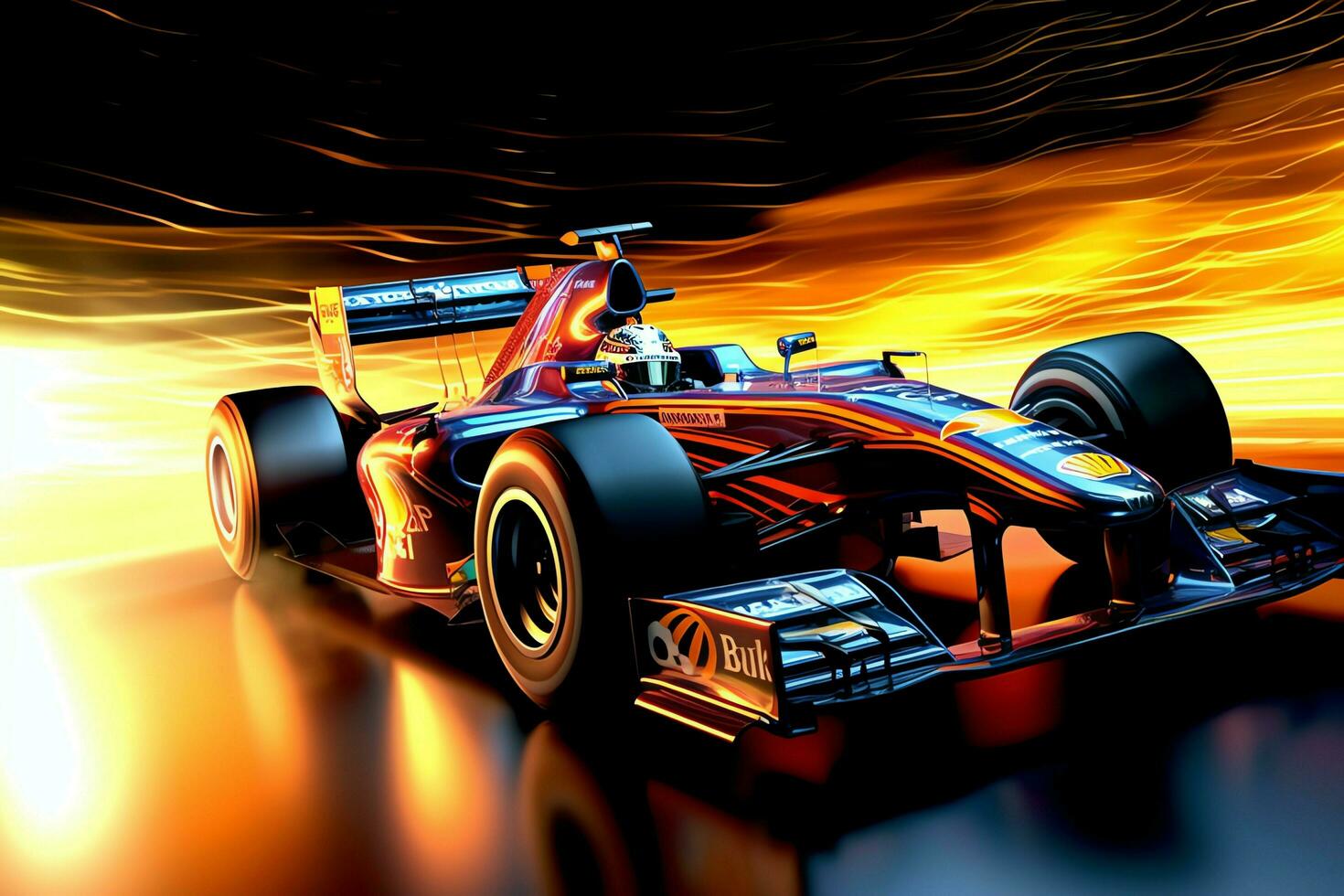 Fast racing car and pilot in formula one champion competitions with speed and flame. Motorsport car concept by AI Generated photo