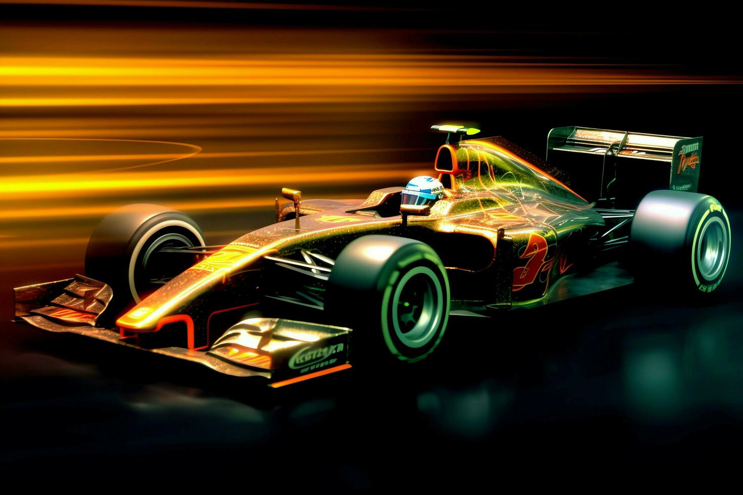 Fast racing car and pilot in formula one champion competitions with speed and flame. Motorsport car concept by AI Generated photo