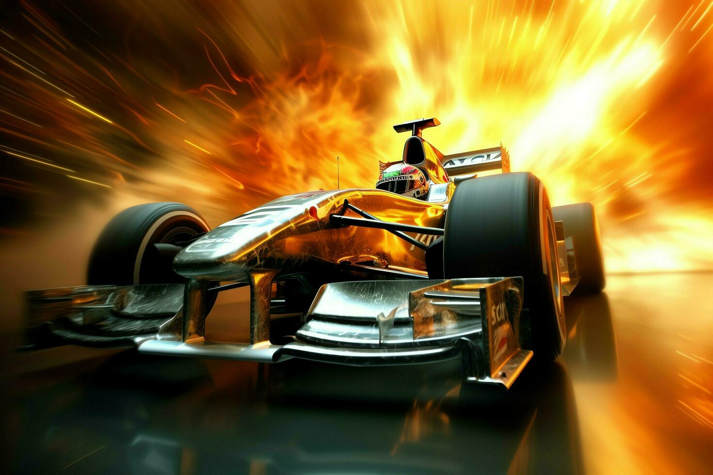 Fast racing car and pilot in formula one champion competitions with speed and flame. Motorsport car concept by AI Generated photo