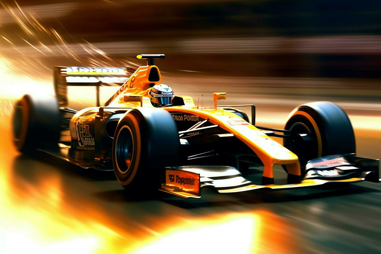 Fast racing car and pilot in formula one champion competitions with speed and flame. Motorsport car concept by AI Generated photo