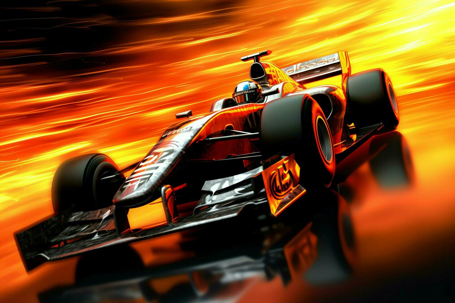 Fast racing car and pilot in formula one champion competitions with speed and flame. Motorsport car concept by AI Generated photo