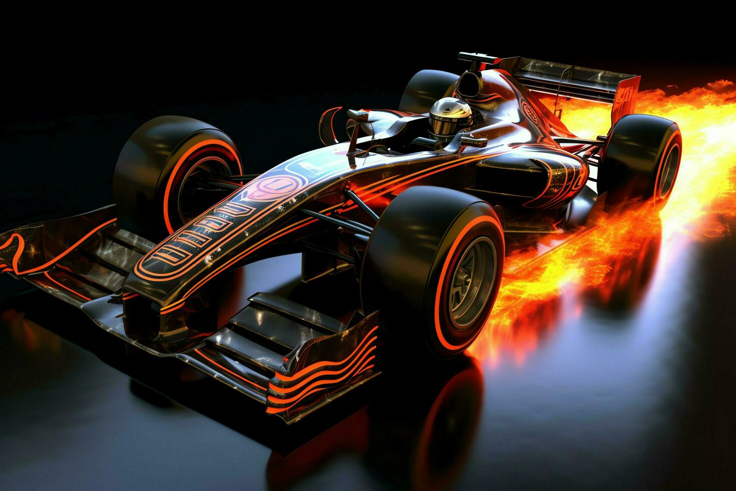 Fast racing car and pilot in formula one champion competitions with speed and flame. Motorsport car concept by AI Generated photo