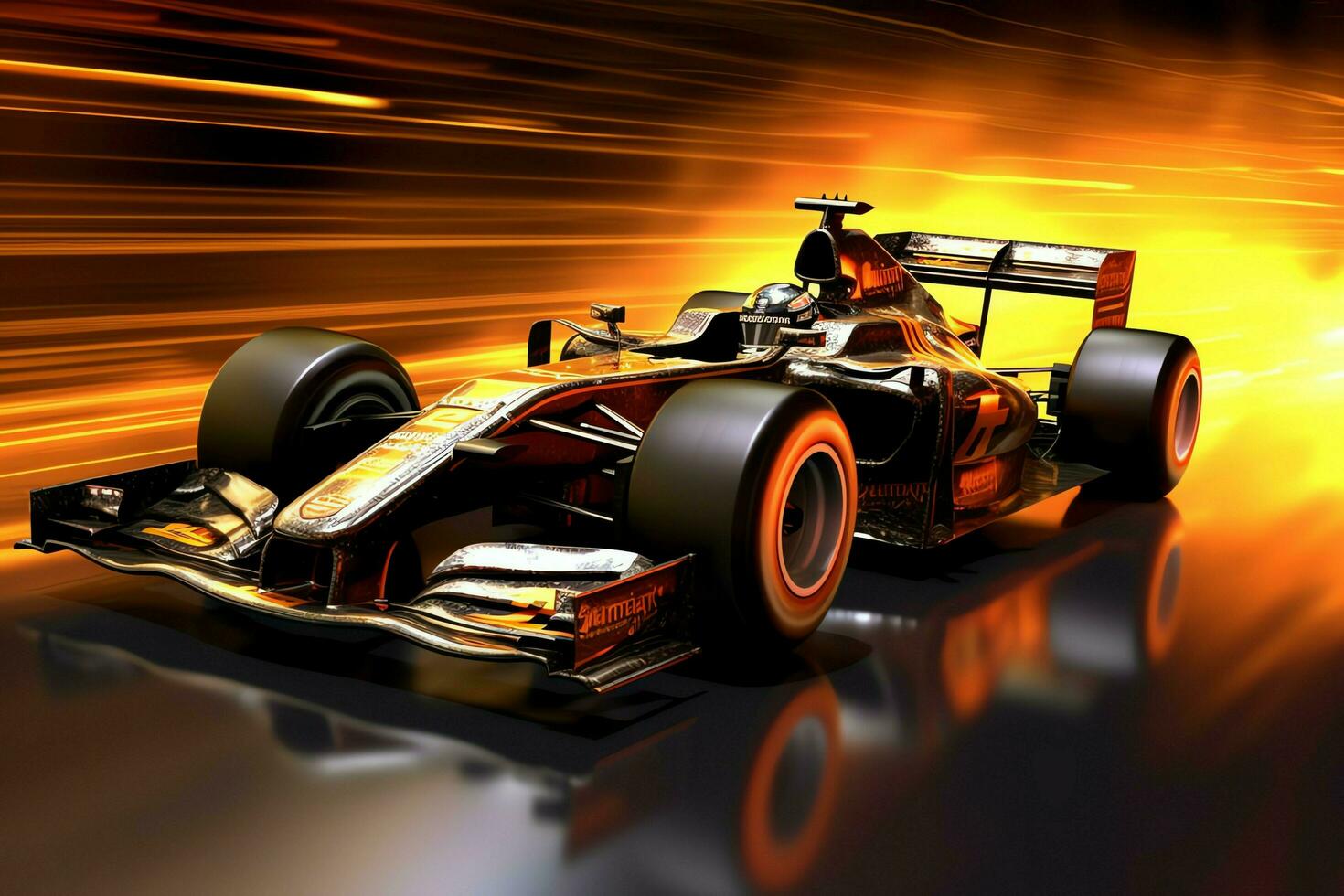 Fast racing car and pilot in formula one champion competitions with speed and flame. Motorsport car concept by AI Generated photo