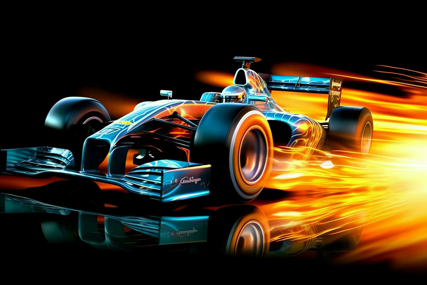 Fast racing car and pilot in formula one champion competitions with speed and flame. Motorsport car concept by AI Generated photo