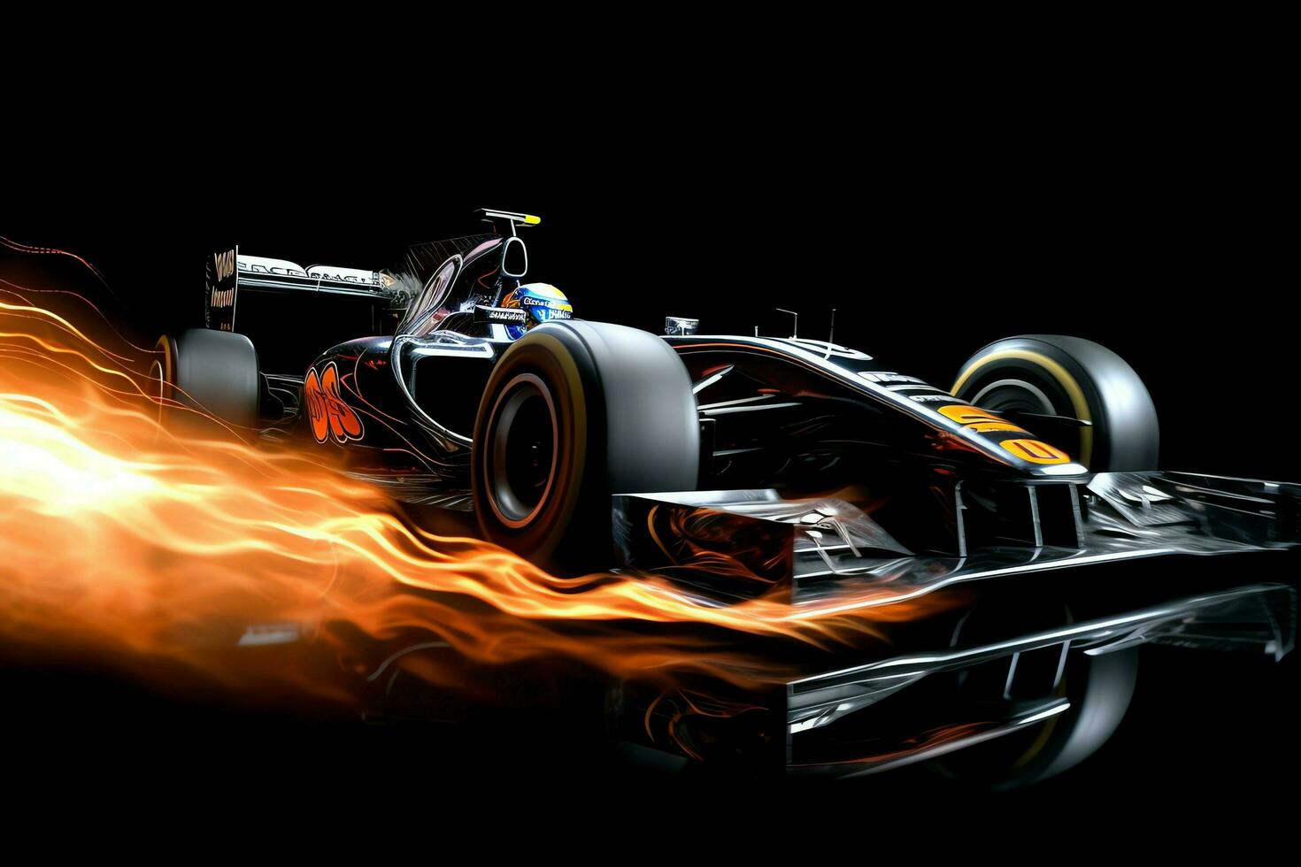 Fast racing car and pilot in formula one champion competitions with speed and flame. Motorsport car concept by AI Generated photo