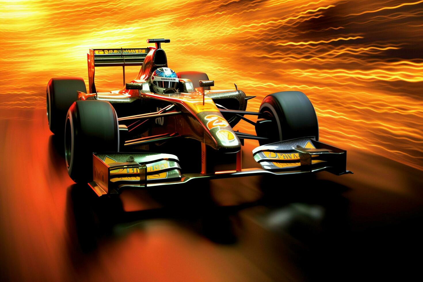 Fast racing car and pilot in formula one champion competitions with speed and flame. Motorsport car concept by AI Generated photo