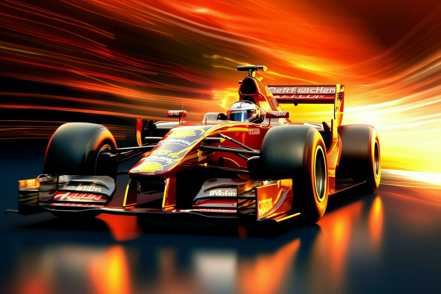 Fast racing car and pilot in formula one champion competitions with speed and flame. Motorsport car concept by AI Generated photo