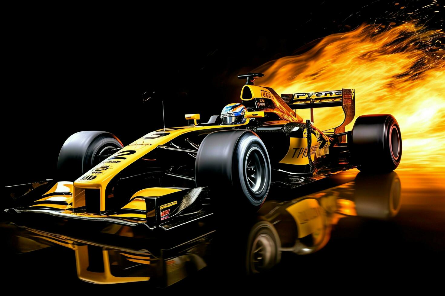 Fast racing car and pilot in formula one champion competitions with speed and flame. Motorsport car concept by AI Generated photo