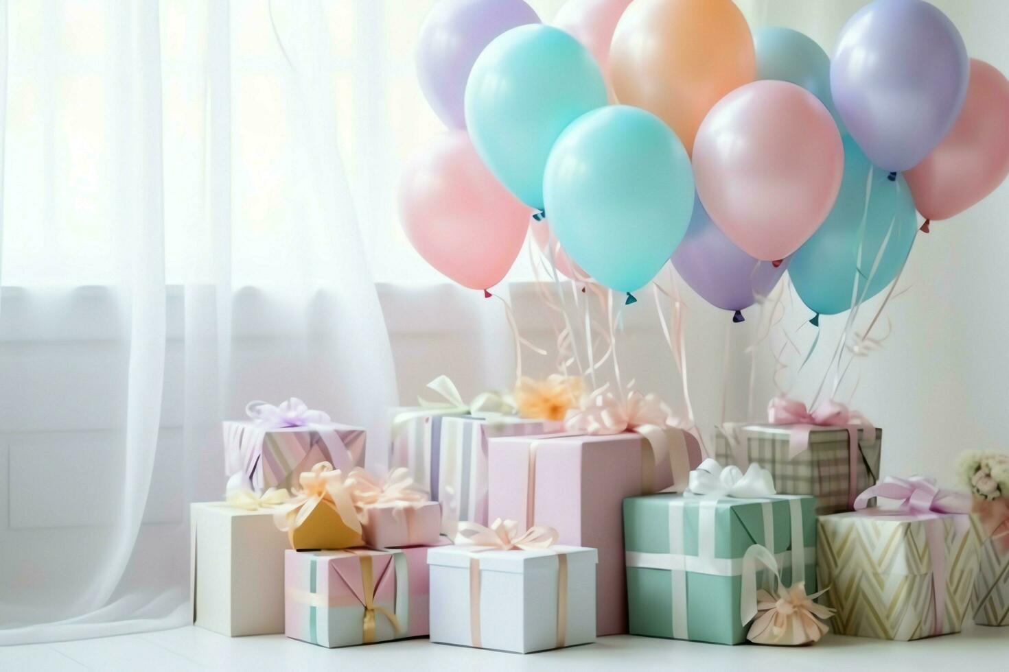 Festive birthday party decorations on table with cake, present boxes and balloons on pastel color concept by AI Generated photo