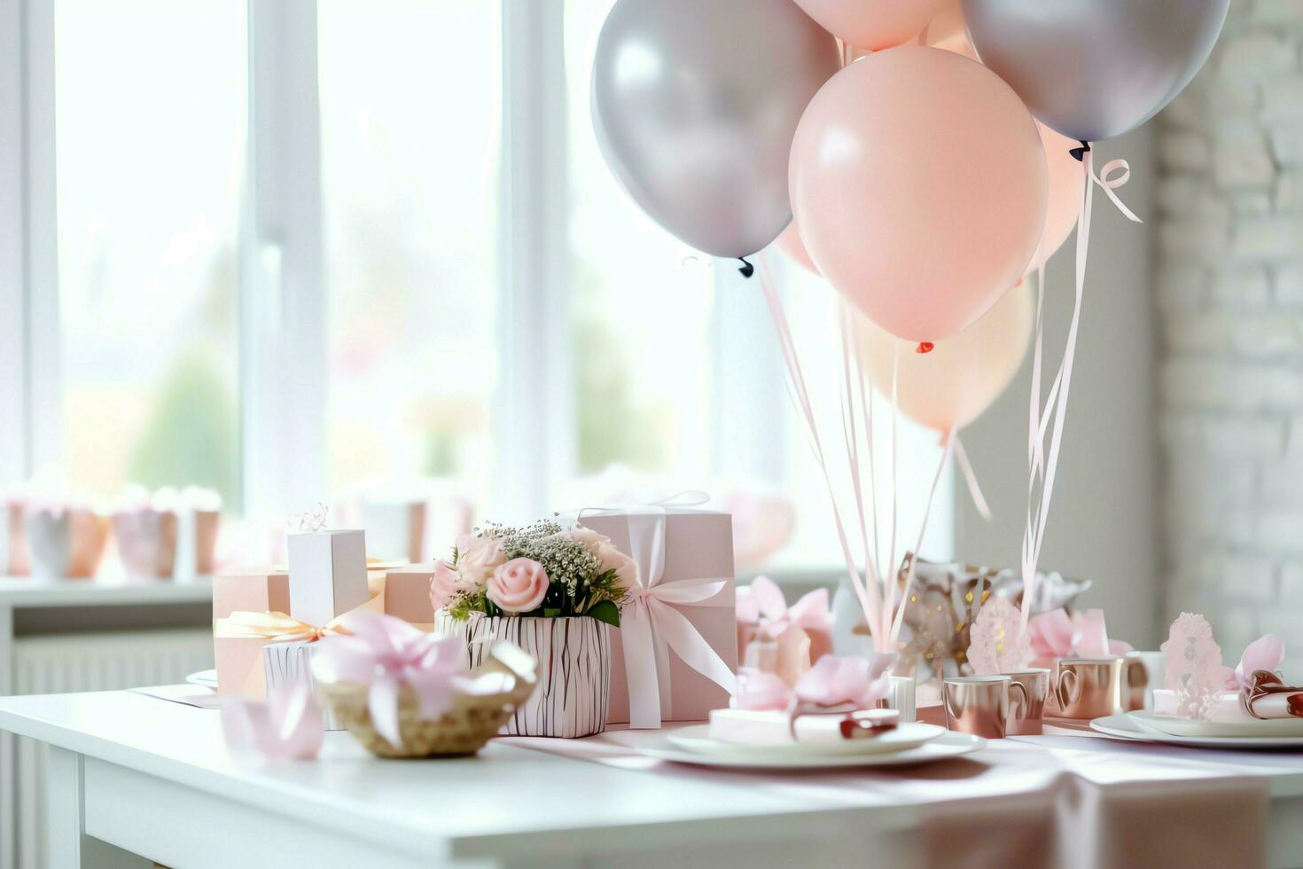 Festive birthday party decorations on table with cake, present boxes and balloons on pastel color concept by AI Generated photo