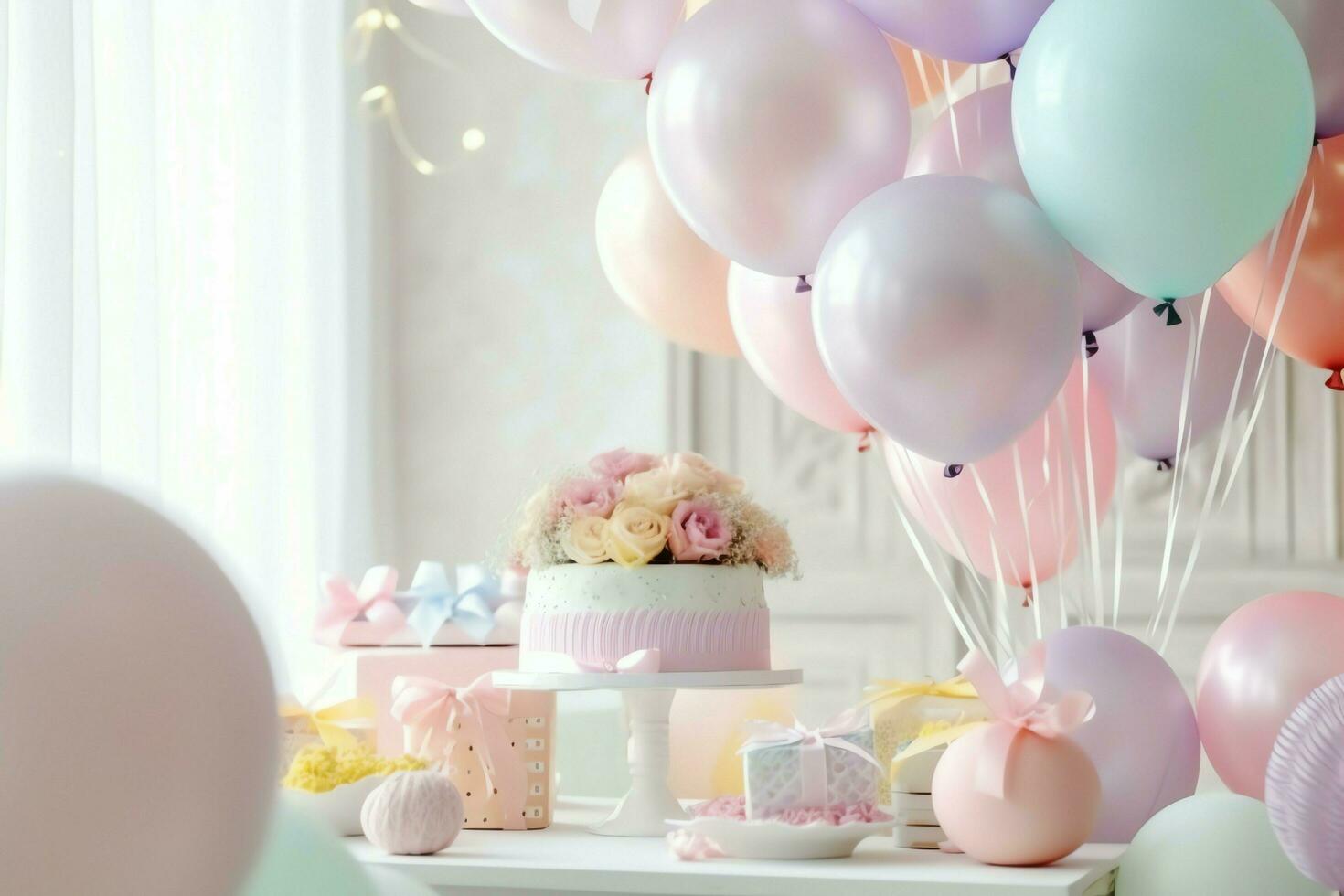 Festive birthday party decorations on table with cake, present boxes and balloons on pastel color concept by AI Generated photo