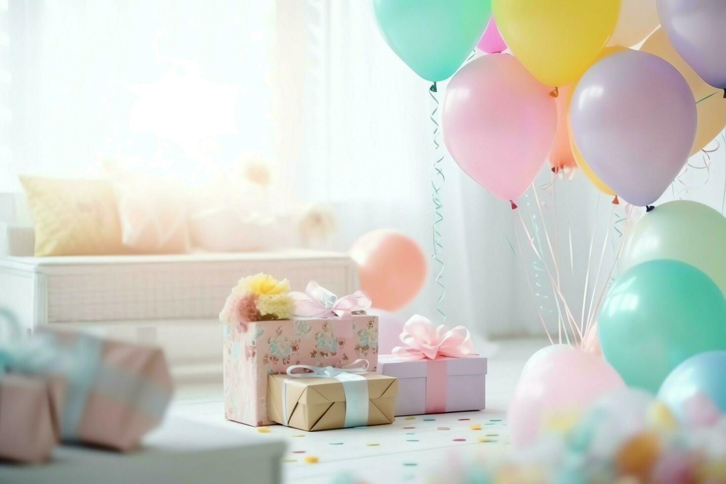 Festive birthday party decorations on table with cake, present boxes and balloons on pastel color concept by AI Generated photo