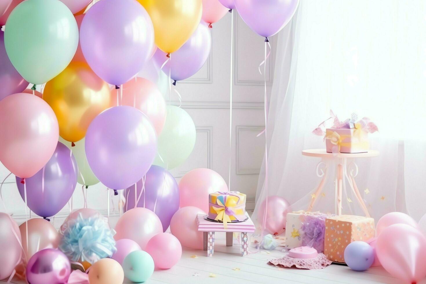 Festive birthday party decorations on table with cake, present boxes and balloons on pastel color concept by AI Generated photo