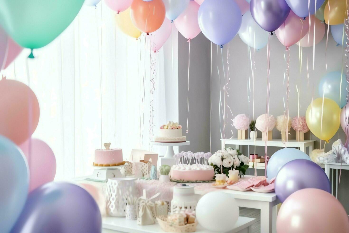 Festive birthday party decorations on table with cake, present boxes and balloons on pastel color concept by AI Generated photo