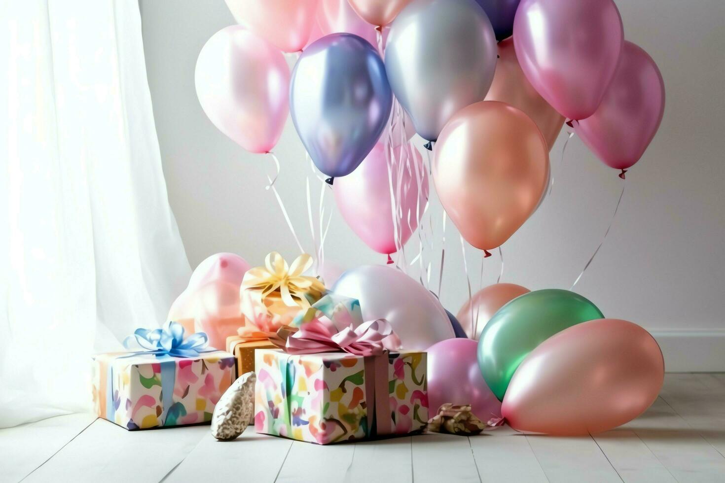 Festive birthday party decorations on table with cake, present boxes and balloons on pastel color concept by AI Generated photo