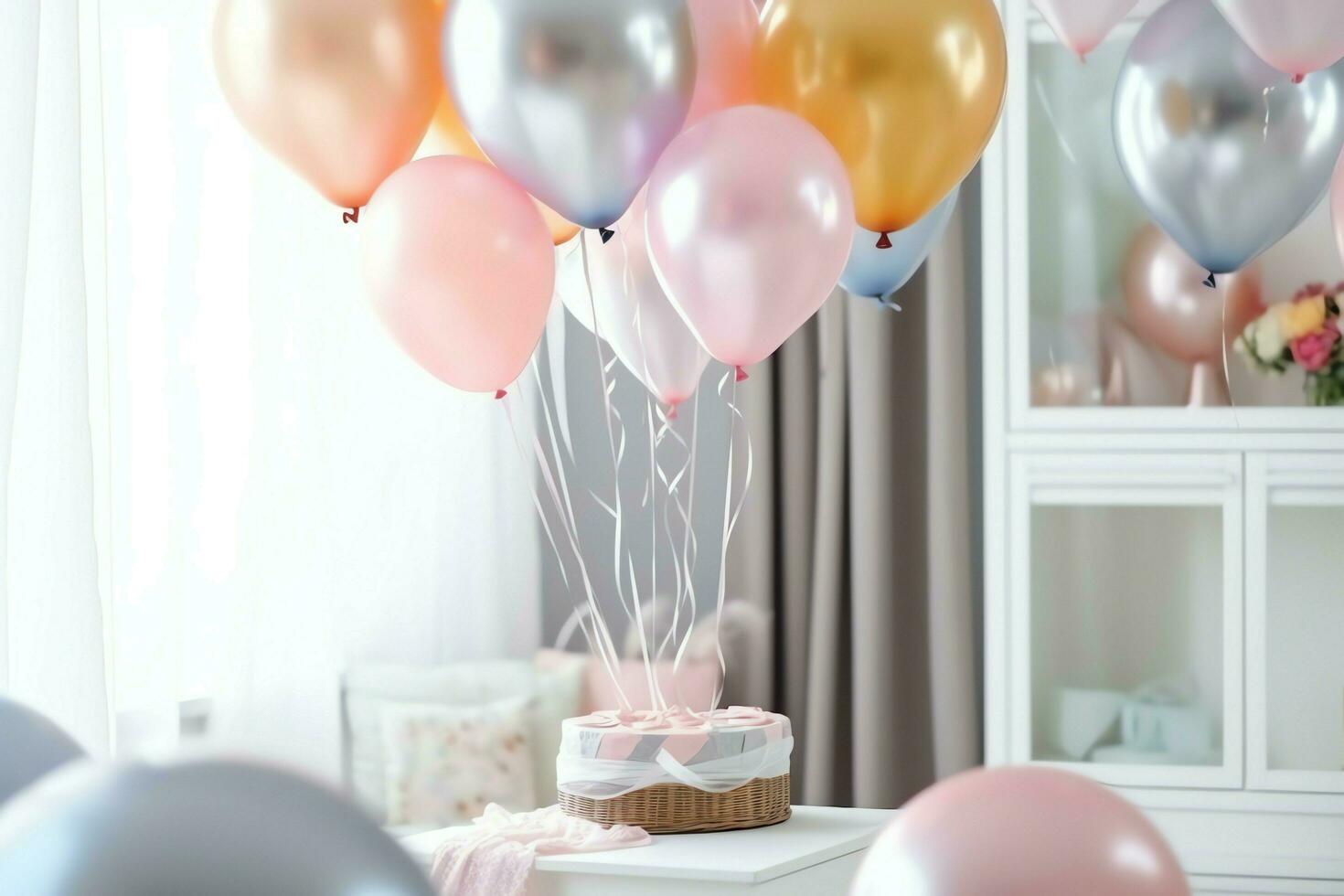 Festive birthday party decorations on table with cake, present boxes and balloons on pastel color concept by AI Generated photo
