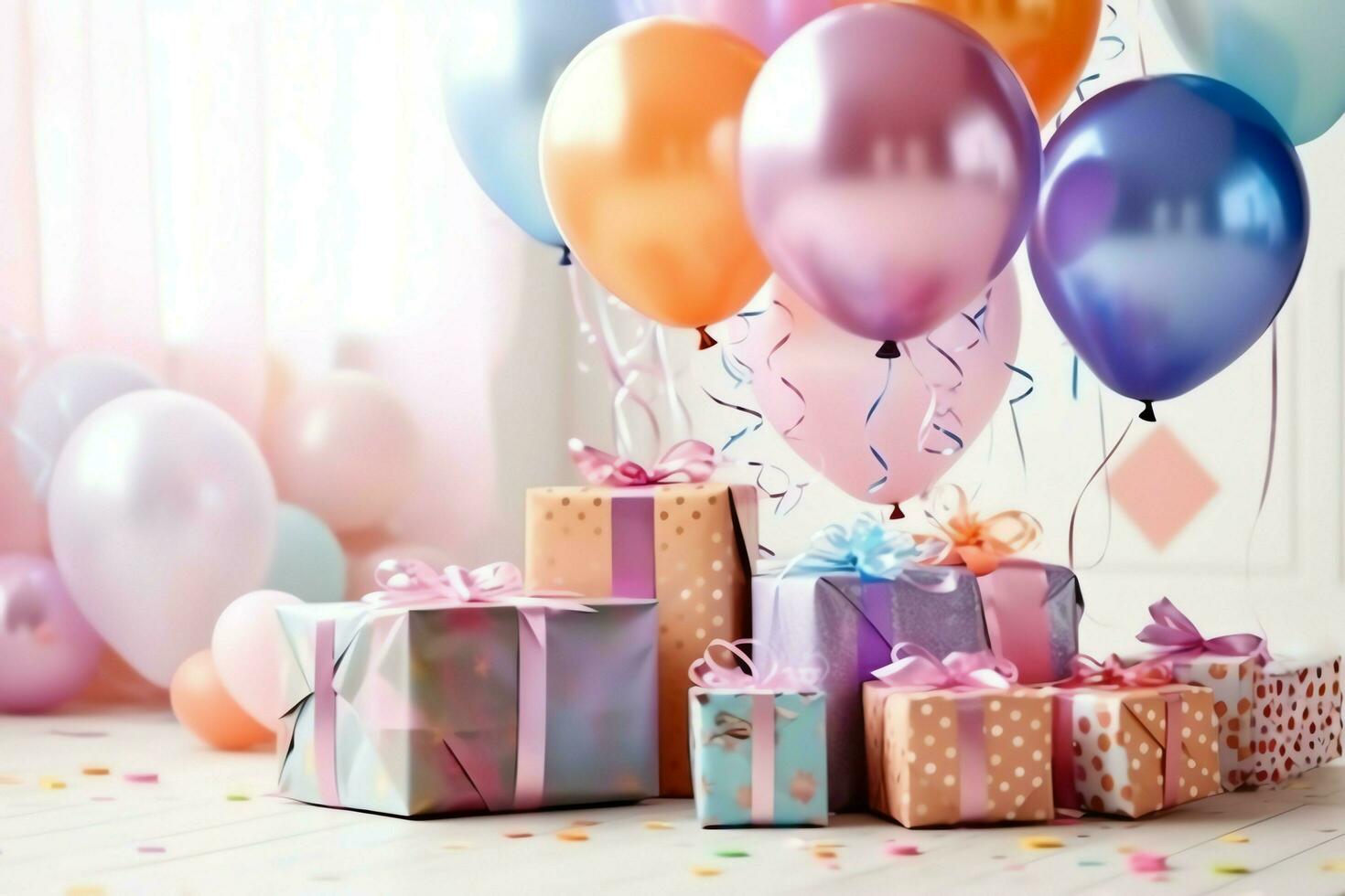 Festive birthday party decorations on table with cake, present boxes and balloons on pastel color concept by AI Generated photo