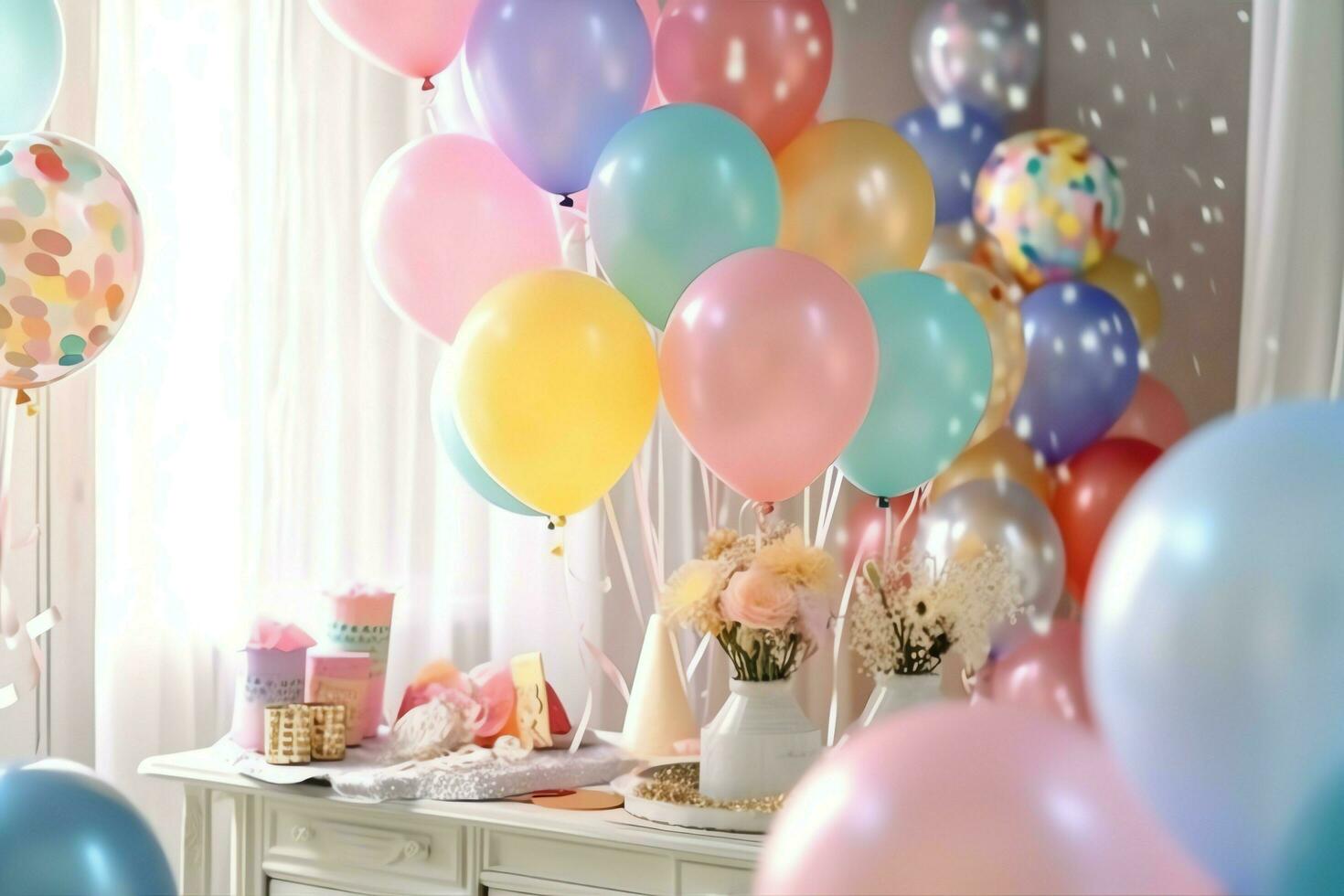 Festive birthday party decorations on table with cake, present boxes and balloons on pastel color concept by AI Generated photo