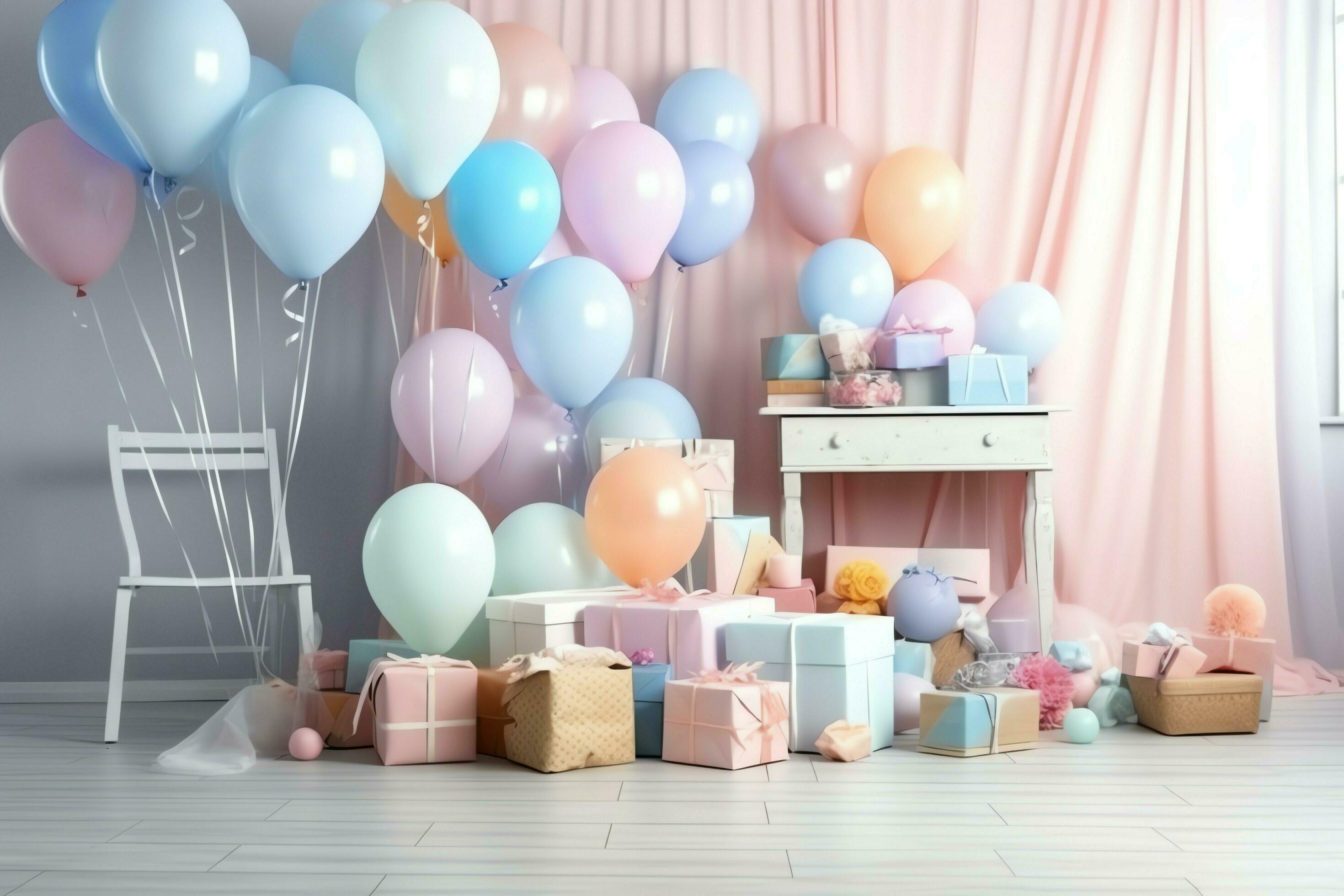 Festive birthday party decorations on table with cake, present boxes and  balloons on pastel color concept by AI Generated 31350990 Stock Photo at  Vecteezy