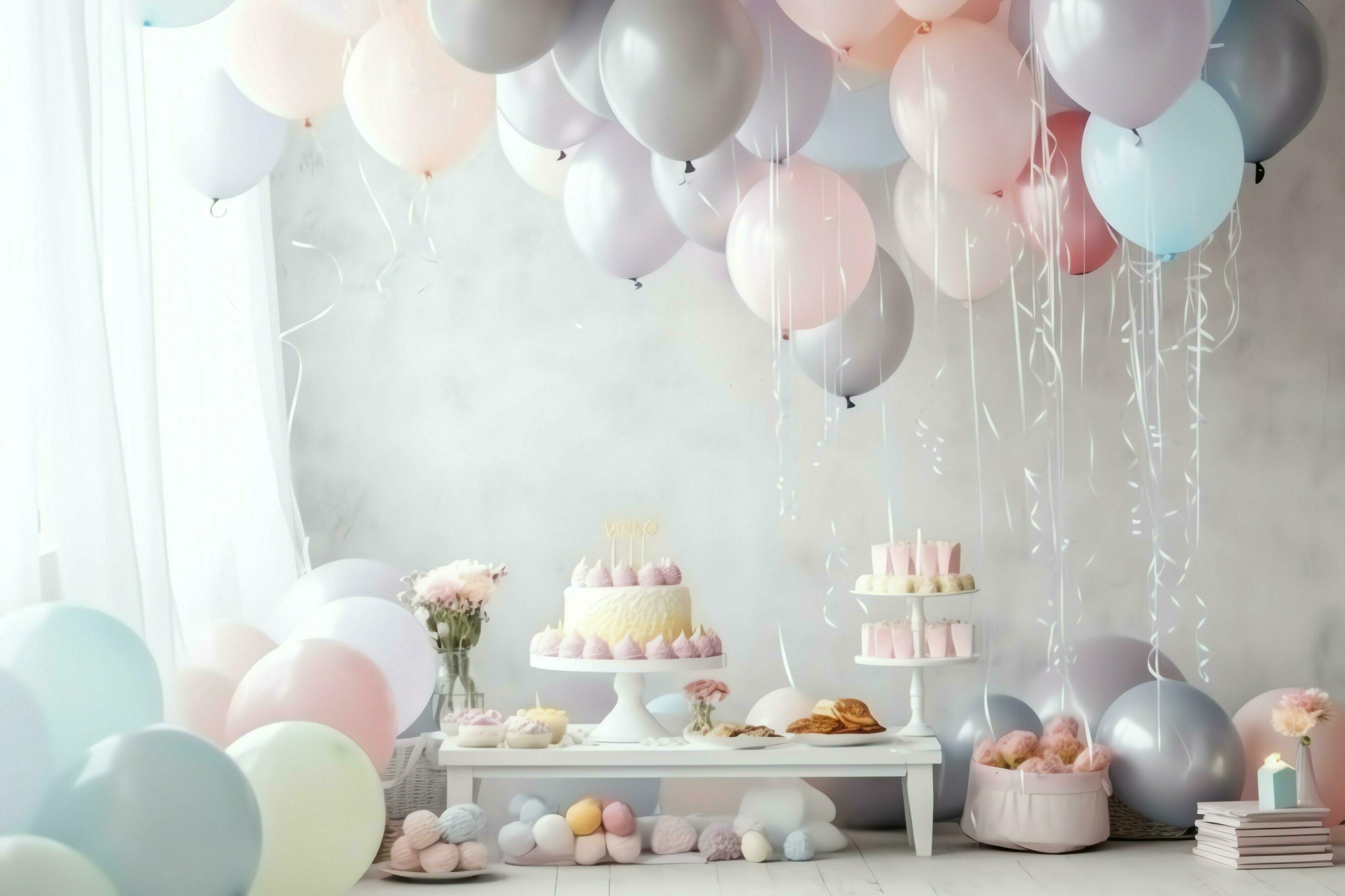 Festive birthday party decorations on table with cake, present boxes and  balloons on pastel color concept by AI Generated 31350990 Stock Photo at  Vecteezy