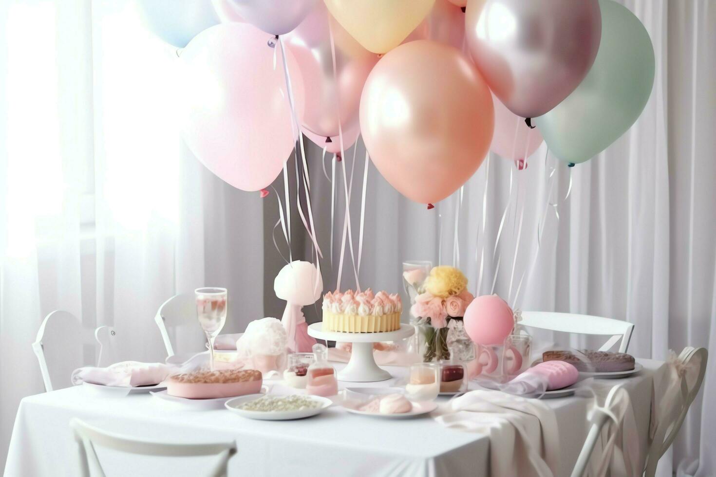 Festive birthday party decorations on table with cake, present boxes and balloons on pastel color concept by AI Generated photo