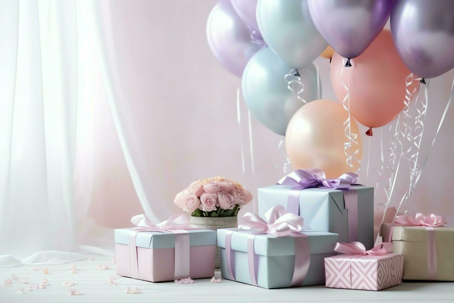 Festive birthday party decorations on table with cake, present boxes and balloons on pastel color concept by AI Generated photo