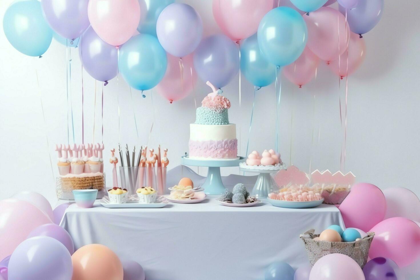 Festive birthday party decorations on table with cake, present boxes and balloons on pastel color concept by AI Generated photo