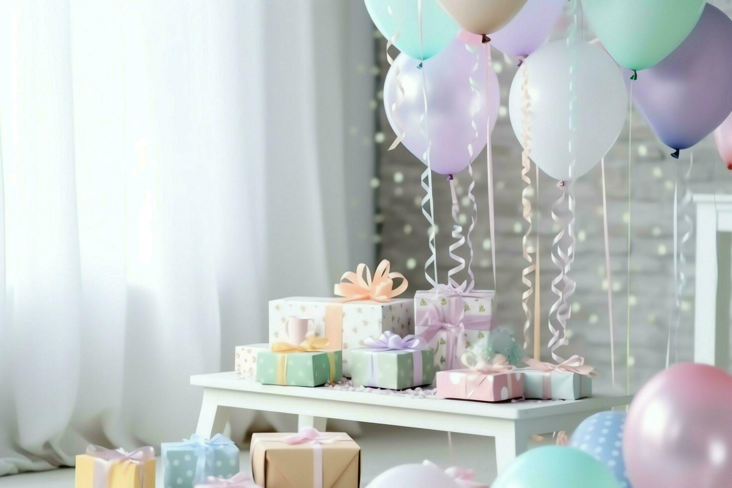 Festive birthday party decorations on table with cake, present boxes and balloons on pastel color concept by AI Generated photo