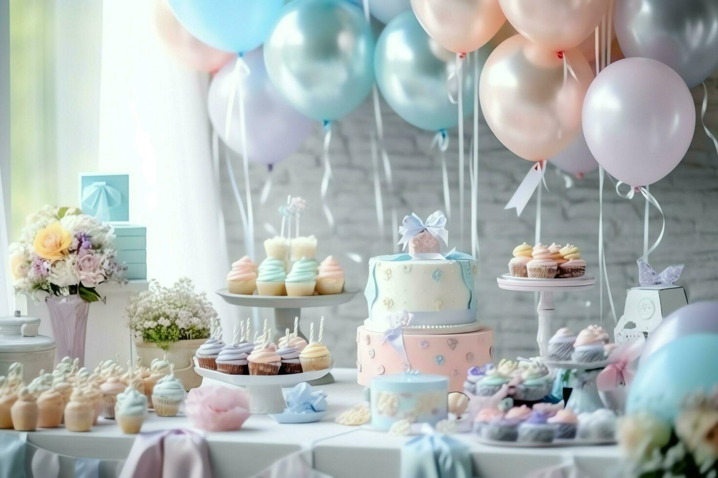 Festive birthday party decorations on table with cake, present boxes and balloons on pastel color concept by AI Generated photo