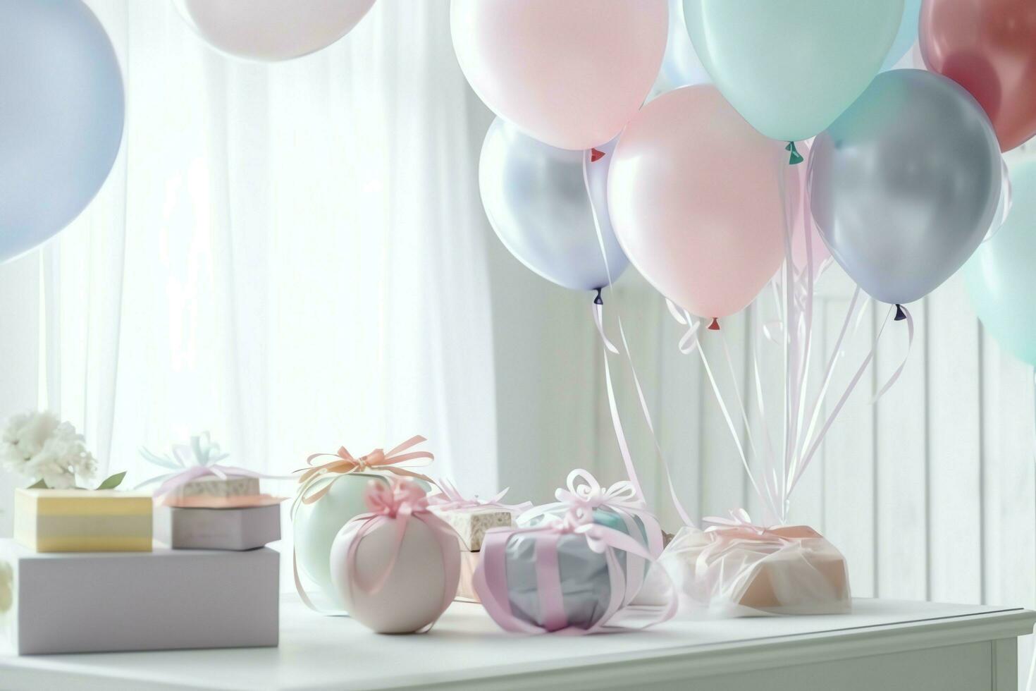 Festive birthday party decorations on table with cake, present boxes and balloons on pastel color concept by AI Generated photo