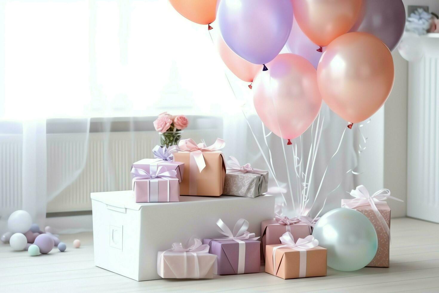 Festive birthday party decorations on table with cake, present boxes and balloons on pastel color concept by AI Generated photo