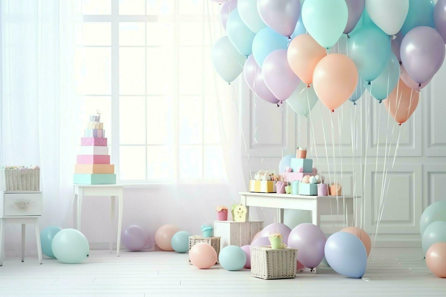 festivo cumpleaños fiesta decoraciones en mesa con pastel, presente cajas y globos en pastel color concepto por ai generado foto