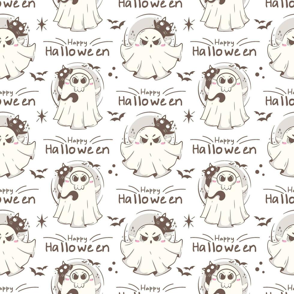 Seamless pattern with cute kawaii ghosts and cats. Children's holiday concept. Halloween character vector illustration in pink retro colors