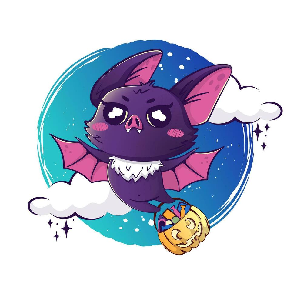 Kawaii bat flying with a basket of pumpkin-shaped sweets against the background of the night vector