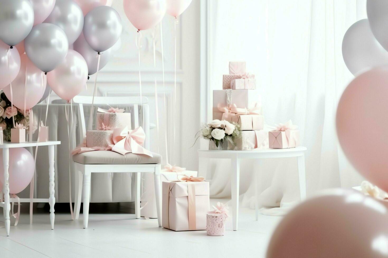 Festive birthday party decorations on table with cake, present boxes and balloons on pastel color concept by AI Generated photo