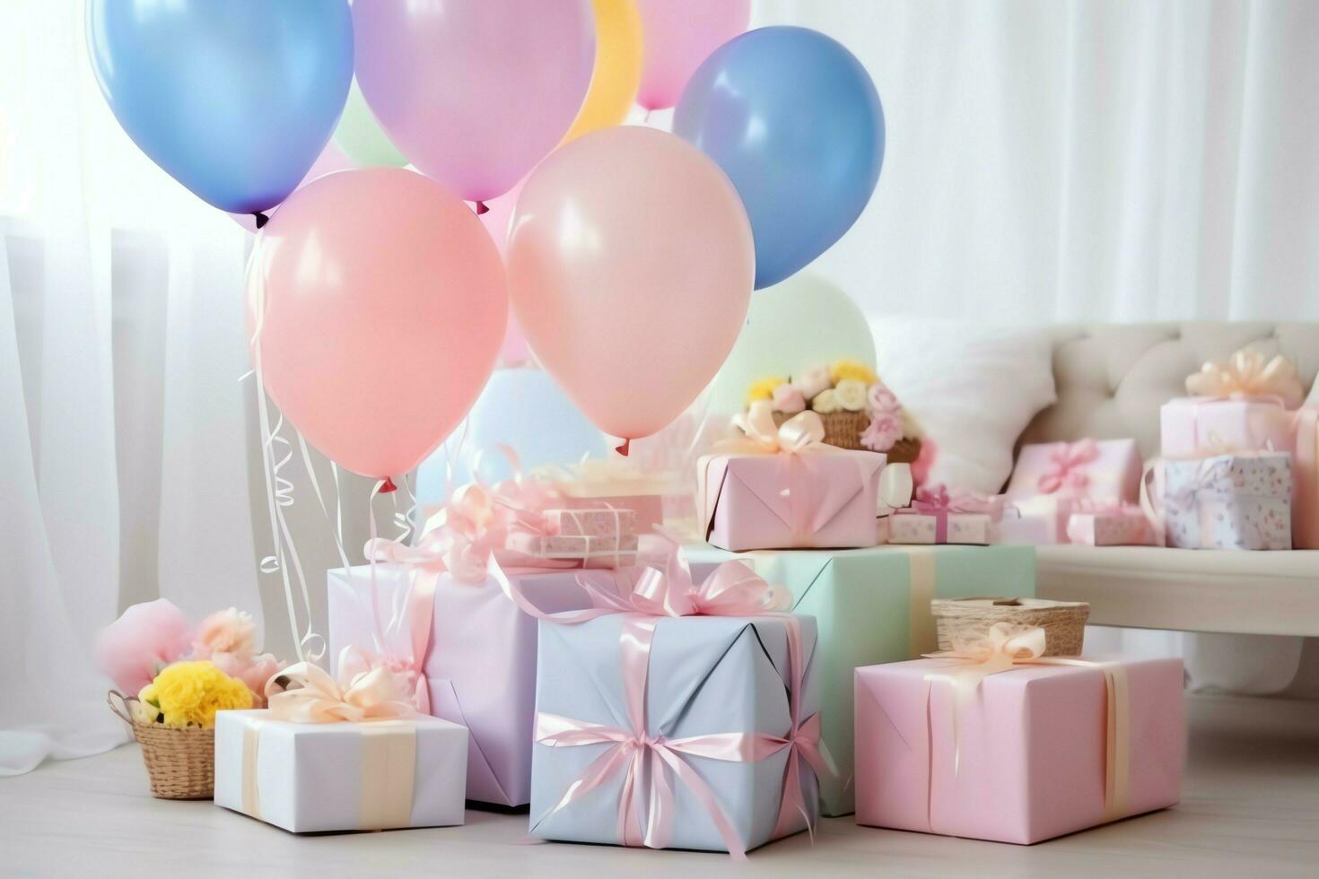 Festive birthday party decorations on table with cake, present boxes and balloons on pastel color concept by AI Generated photo