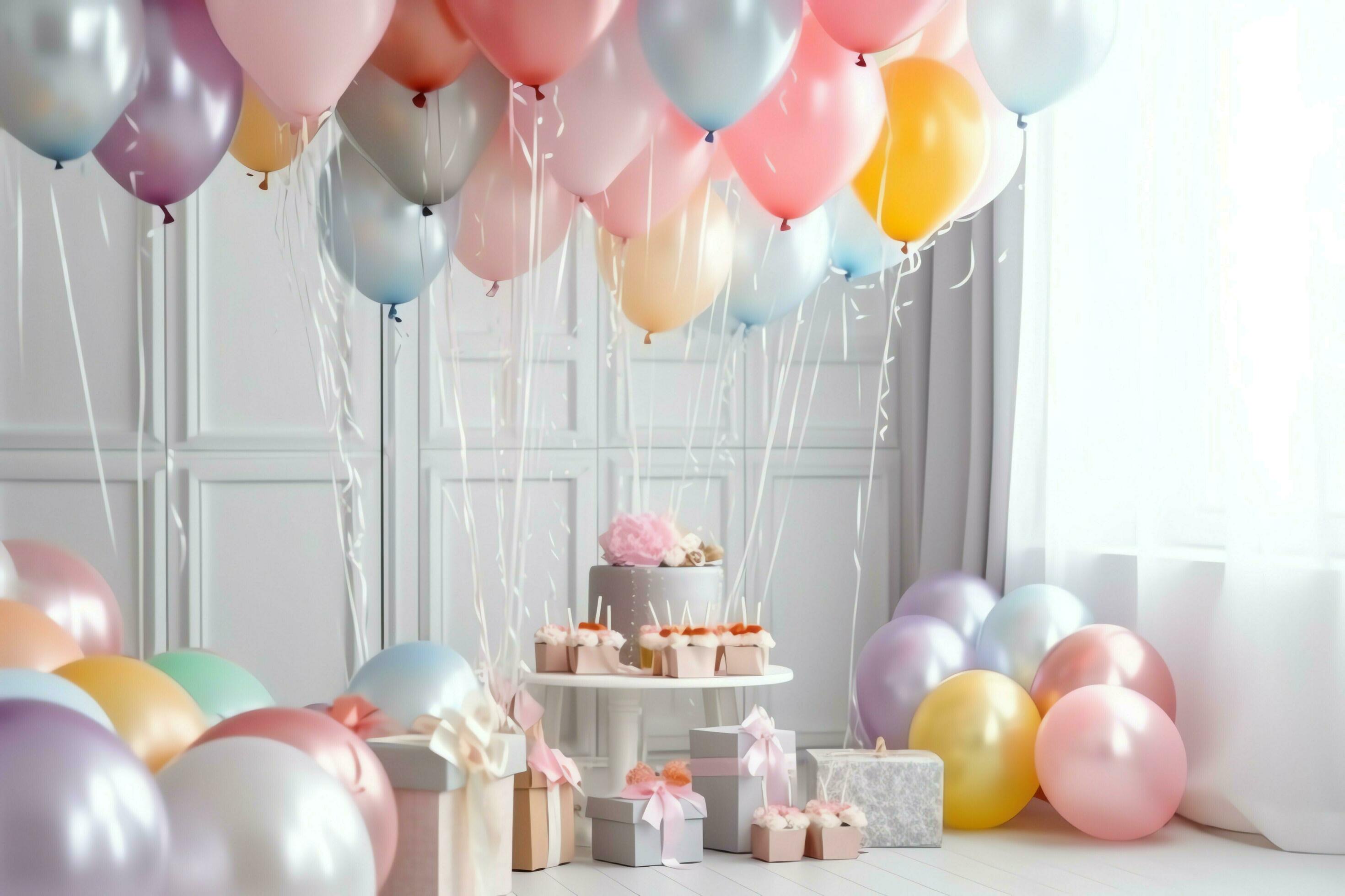 Festive birthday party decorations on table with cake, present boxes and  balloons on pastel color concept by AI Generated 31350990 Stock Photo at  Vecteezy