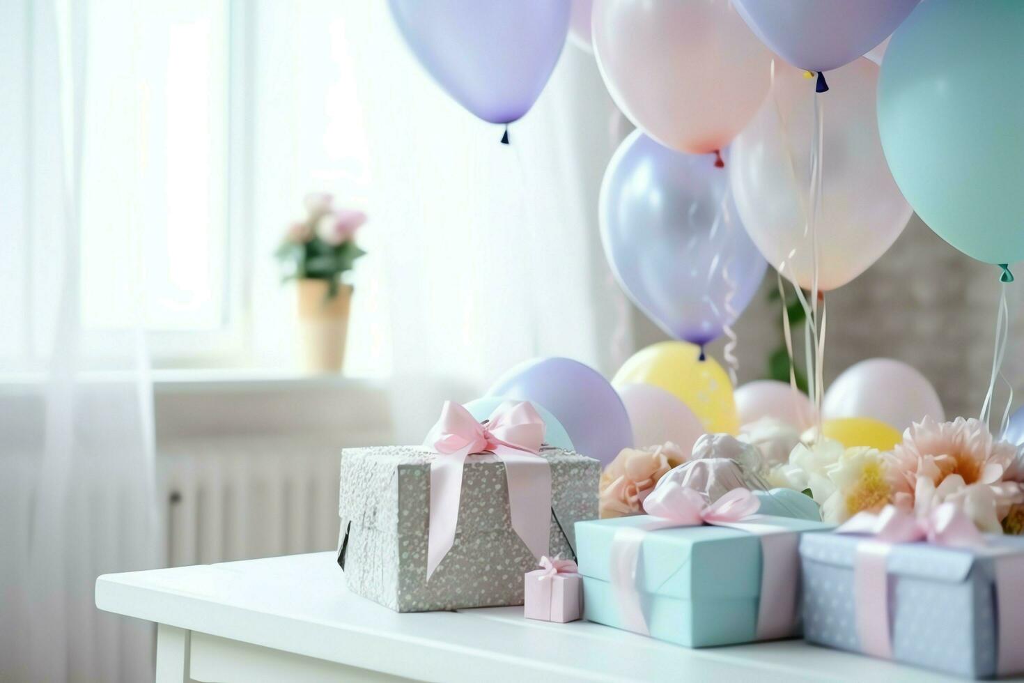 Festive birthday party decorations on table with cake, present boxes and balloons on pastel color concept by AI Generated photo