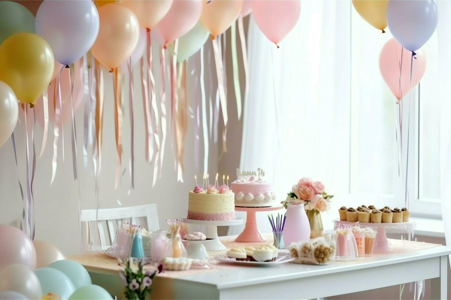 Festive birthday party decorations on table with cake, present boxes and  balloons on pastel color concept by AI Generated 31350990 Stock Photo at  Vecteezy