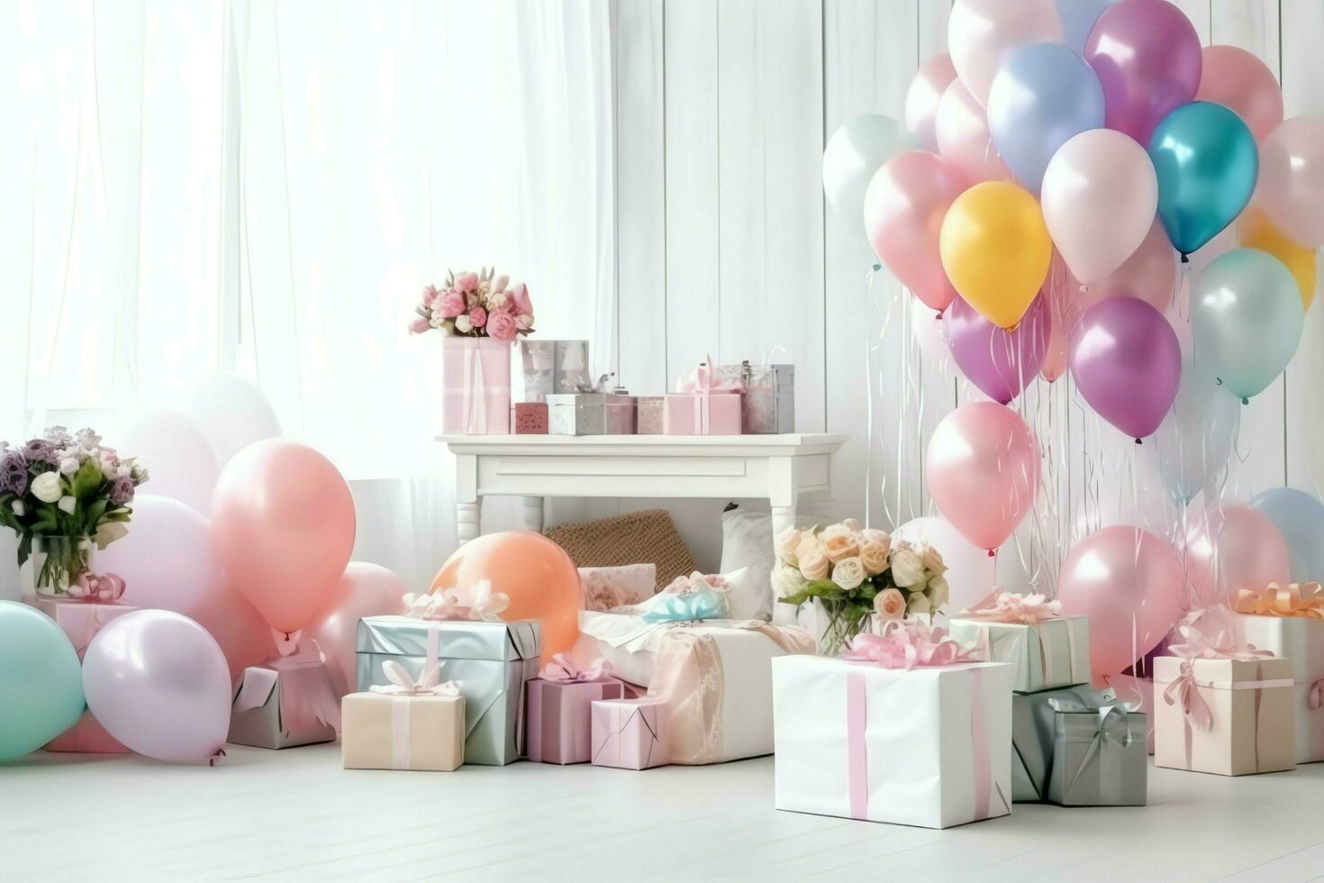 Festive birthday party decorations on table with cake, present boxes and balloons on pastel color concept by AI Generated photo