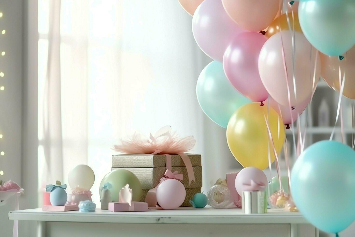 Festive birthday party decorations on table with cake, present boxes and balloons on pastel color concept by AI Generated photo