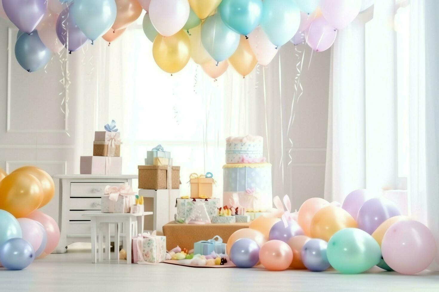 Festive birthday party decorations on table with cake, present boxes and balloons on pastel color concept by AI Generated photo