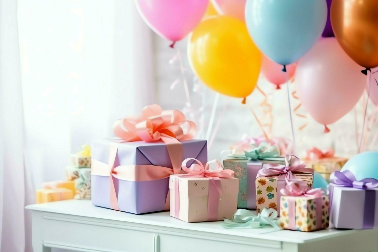 Festive birthday party decorations on table with cake, present boxes and balloons on pastel color concept by AI Generated photo